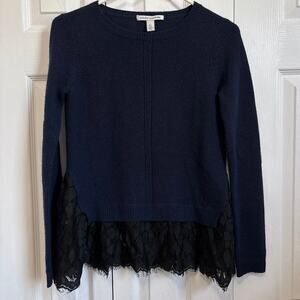 Autumn Cashmere 100% Cashmere Navy Blue Sweater with Black Lace Trim XS